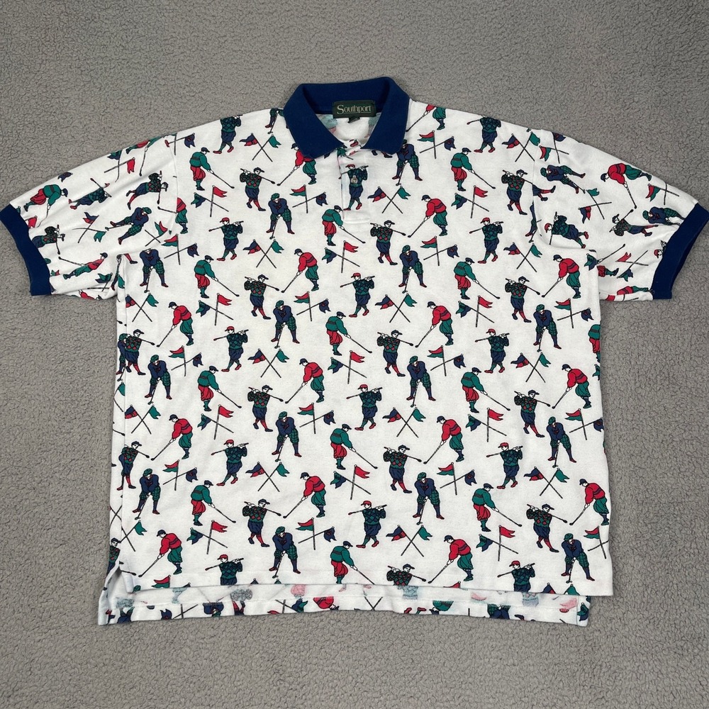 Vintage Southport Polo Shirt Mens‎ XL White Scottish Golfers Print